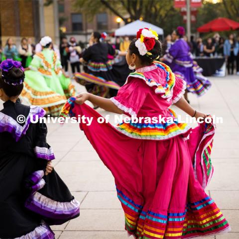 Dancers performing a traditional  dance. Fiesta on the green at the Nebraska Union Plaza. Fiesta on the Green is an annual Latino culture and heritage festival. October 5, 2023. Photo by Kristen Labadie / University Communication.